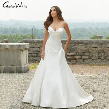 Елегантното съвременно атласное сватбена рокля, трапецовидна форма, без презрамки, рокли сватба във формата на сърце, бели обикновена рокля на булката, сватбена рокля