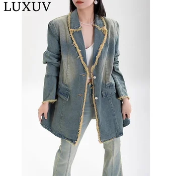 Луксозни дънкови якета, дамски пролетно-есенни нови универсални модни свободни ежедневните дънки, дизайн, елегантна дълга горна дреха голям размер