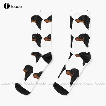 Черно-подпалые дамски чорапи с натурални уши Доберман Чорапи Коледен подарък за Нова година, Подарък за поръчка на Унисекс за възрастни, юноши, младежки чорапи, чорапи