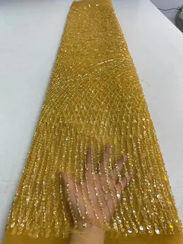 Жълт африканска лейси плат 2022, с висококачествена френска окото лейси плат с мъниста, пайети, нигерийски дантелени платове за булчински рокли