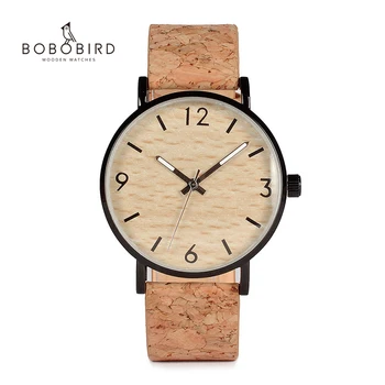 Мъжки часовник BOBO BIRD, wooden циферблат, корпус от неръждаема стомана, кварцов часовник с мека корк лента за мъже като подарък