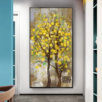Модерна живопис с маслени бои златисто-жълт плакат с богат дърво и цвете, монтиране на изкуството, платно за ръчна работа, живопис, интериор, дневна, подвесная изложба