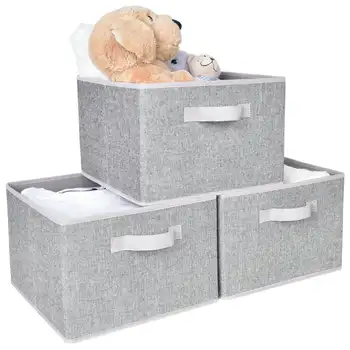 Чекмеджета за съхранение на тъкани с дръжка, Сгъваеми Кутии за съхранение в гардероба и на рафта, 3 опаковки, Сив, Голям, от 12.4 x 11,6
