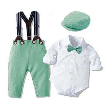 Джентълменско гащеризон за малки момчета, костюм за новородени, обикновен памук гащеризон, колан, шапка с лък, комплект за малки момчета, булчински дрехи на 1 рожден ден