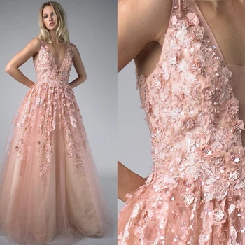 2023 Вечерна рокля, розови апликации, във V-образно деколте, без ръкави, с дължина до пода, женски деления луксозни вечерни рокли за рожден ден