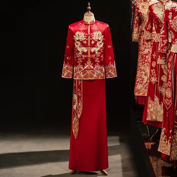Традиционното източно сватбена рокля за булката, китайски костюми за наздравици, реколта дрехи с бродерия дракон, костюм Тан