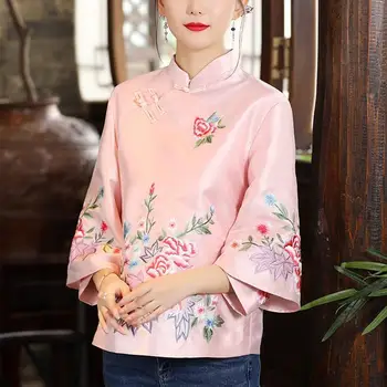 Есенен костюм в етнически стил Тан, палта, реколта китайски върхове с бродерия харадзюку, дамски блуза 2023, елегантна свободна женска риза