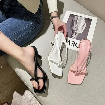 Новост 2023 г., есенни обувки на висок ток, най-добрият уличен начин на дамски сандали с квадратни пръсти и джапанки, чехли, голям размер 42