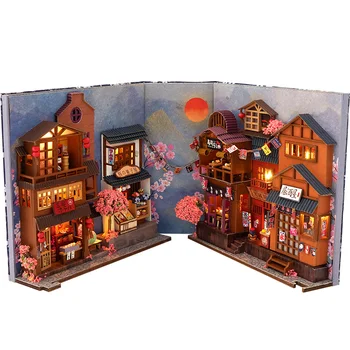 DIY Wooden Японски Магазин Книжен Ъгъл Полк Комплекти Вложки Миниатюрен Куклена Къща с Мебели от Череша Цветя Поставка За Книги, Играчки, Подаръци