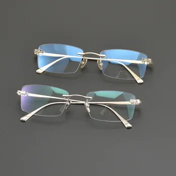Висококачествено сребро дограма 925 проба за бизнес квадратни очила без рамки за мъже и жени, оптични очила с защита от синя светлина, очила за четене при късогледство