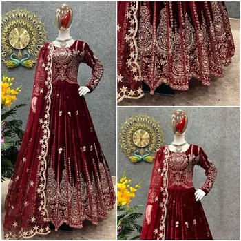 Вечерни дрехи Dupatta, рокля с цвят на червено вино, са били разкроена Кърт, индийски дизайнер Anarkali Kurta Kurti