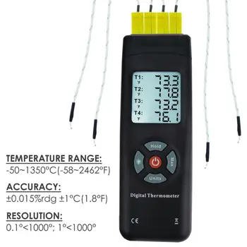 Дигитален Термометър K-Type Метален 4 Канала и Топката Сондата на Термометъра и Осветление K-Type Термодвойка Функция за Задържане на уреда