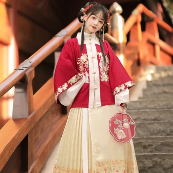 Комплект от 2 цвята в китайски стил с квадратна яка Hanfu, елегантно палто с къс ръкав, бельо, риза, пола с лошадиным лицето на династията Мин