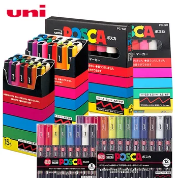 Комплект маркери химикалки Uni Posca Paint PC-1M PC-3M PC-5M 7/8/15 POP Poster Цветни Пигментни Мастила На Водна Основа с Оригиналния Винил Калъф за Писалки