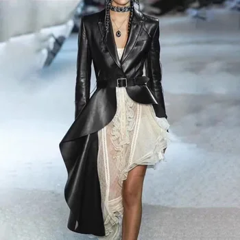 Високо качество, есен-зима 2023, ново модерно дамско палто с изрязани дълъг ръкав, колан, изкуствена кожа, нередовен подгъва, дълъг черен блейзър