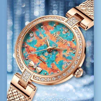 Швейцарската луксозна марка NESUN, Японски кварц 6 мм-тънки дамски часовници с цирконием и диаманти, водоустойчив прости дамски часовници N8202