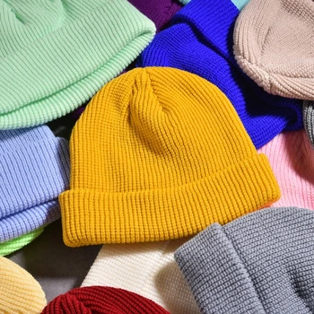 Дамски Мъжки вязаная капачка от еластична вълна, модни проста однотонная шапчица-бини, есенно-зимна топла шапка в стил хип-хоп, безплатна доставка