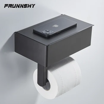 Държач за тоалетна хартия Черно матово покритие от неръждаема стомана 304 Монтиране на стена Притежателя на ролка хартия, за салфетки с рафтове за съхранение телефон в банята FR1001