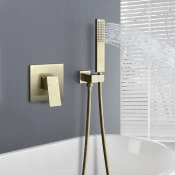 Месинг стенен смесител за душ в банята, квадратна накрайник за душ, смесители, ръчна дюза за душата, златна капачка за баня