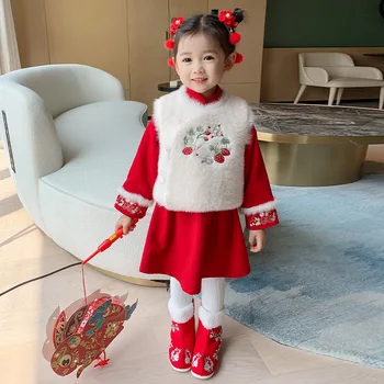 Детски зимни дрехи за Нова година, памук детски костюм с кръгла яка и бродерия на дракона, китайски костюм за момичета, прекрасна дебела и ватиран