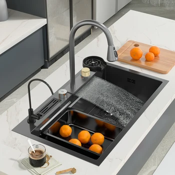 Модерна кухненска мивка, водопадный кран, мивка от неръждаема стомана, черна многофункционална голяма мивка с една чаша, чиния, мивка, умна миялна машина