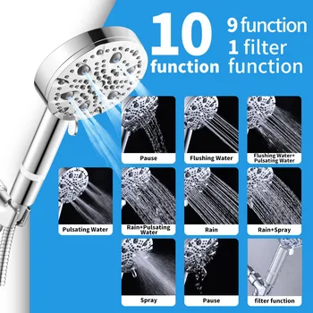 10 функции, набор от ръчен душ глава с високо налягане, дюза за душата, филтър за вода, смесител за баня, резервни части