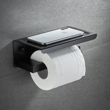 Черен стойка за ролка хартия за баня Алуминиева вана кърпа за мобилен телефон, Поставка за тоалетни принадлежности, Стенни ъглова етажерка с пробиване с гвоздеи