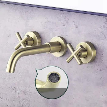 Стенен матиран златен месинг смесител за мивка в банята, три дупки, смесител за мивка с две дръжки, студена и топла смесителна батерия за вана-високо качество