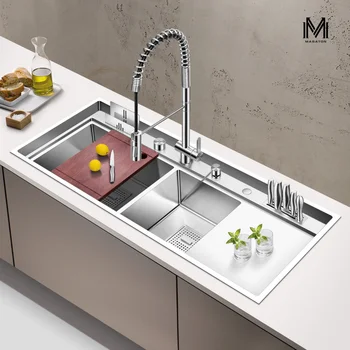 Кухненски двойна мивка ASRAS ръчно изработени, матова, дебелина 4 мм и голям размер, двойна кухненска мивка с 4 дупки, с дренаж котлони, мивка