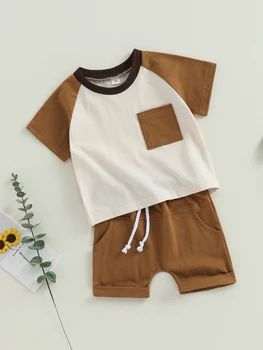 Летни комплекти шорти за малки момчета, върховете в контрастен цвят, с къси ръкави и шорти на експозиции, комплекти за дрехи