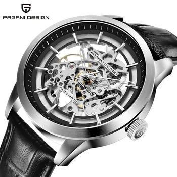 ДИЗАЙН на PAGANI най-добрата марка, Луксозен прозрачен сребърен корпус, луксозен случайни дизайн, черна кожена каишка, мъжки часовници, механични часовници