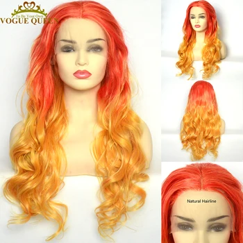 Vogue Queen Микс Червено-оранжево омбре Синтетични перука с дълбоки вълни на дантели, термостойкое влакна, плочки от линията на растеж на косата, cosplay за жени