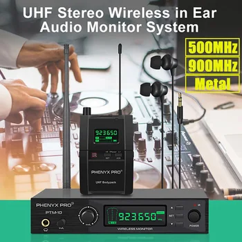 Phenyx Pro In Ear Monitor Безжична Система UHF Стерео Аудио Предавател и приемник Bodypack 900 Mhz/500 Mhz Метален PTM-10