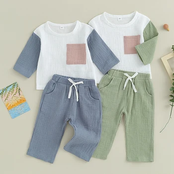 Мека дрехи за деца, есен облекло от 2 теми, блузи и панталони в контрастен цвят с дълги ръкави, всекидневни комплект дрехи от 2 теми
