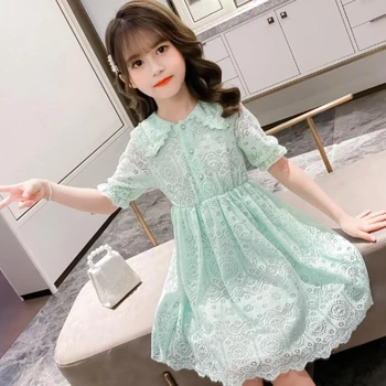 Рокля за момичета на лятото 2023, Ново Корейското Детско Модно Бельо Принцеса рокля с къси ръкави за момичета, Дрехи с цветя модел за момичета 7-12 години