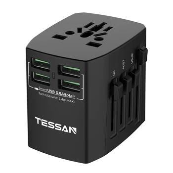 TESSAN EU/UK/CN/US/AU Международен адаптер за пътуване с универсални розетки 4 USB порта за зареждане, Станция за контакт на храна