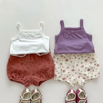 Костюм за новородени момичета, памук монофонични жилетка без ръкав + гащета с принтом, комплект летни дрехи за малките момичета