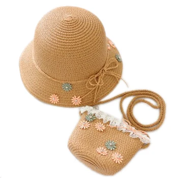 Комплект от 2 теми, сламена шапка и чанта, детски годишният цвете сгъваема козирка, Плажна детска шапка от слънцето, сламена чанта за момчета и момичета, корея, скъпа