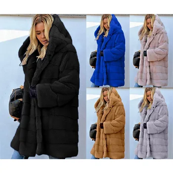 Палта за жени 2023, есенно-зимните дълги обикновена якета за жени, свободно плюшевое топло палто с качулка от изкуствена кожа