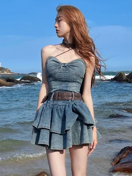 ХУЧЖОУ дънкови реколта мини-рокля с отворен гръб за жени 2023 Лятото на корейското модно сексуално хубава рокля трапецовидна форма, с хубав нос, без ръкави