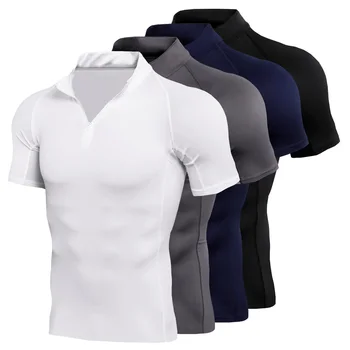 Мъжки компресиране риза за джогинг, суха засаждане, тениски с къс ръкав и V-образно деколте, hoody за джогинг, бодибилдинг, тениски за тренировки във фитнеса
