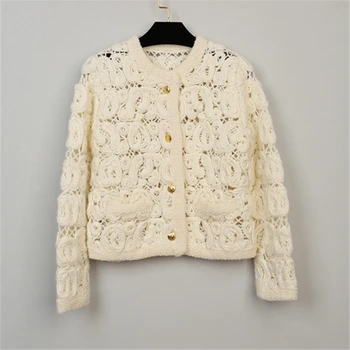 Бежевое вязаное палто дамско 2023, Нов луксозен дизайнерски пуловер, яке, жилетка с дълъг ръкав, выдалбливают