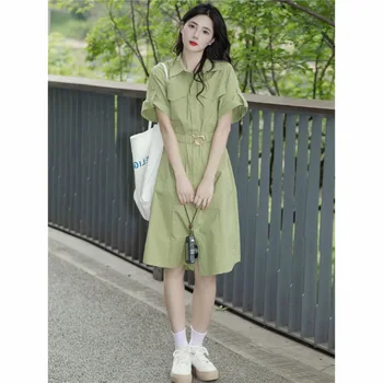 Почивка за чай на Френски Kikyo Ретро висок клас с елегантен стил Нежно зелена рокля-риза с къси ръкави Женски 2023 Лятна корейската мода Лукс
