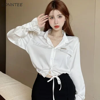 Ризи дамски ежедневни универсални за всеки ден, са бели, обикновена, корейски модерен стил, базови офис дамски обувки с дантела, нежна, млади, с дълъг ръкав, класически