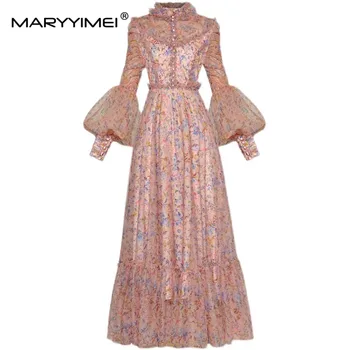 MARYYIMEI Пролет-есен една модерна женствена рокля С висока яка и дървени уши, Ръкави-фенери, Мрежести Празнични дълги рокли С Флорални Принтом