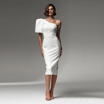 Модерно късо сватбена рокля за булката с буйни ръкав на едно рамо, асиметрична сватбена рокля с дължина до коляното, бяла Vestidos De Новия 2023