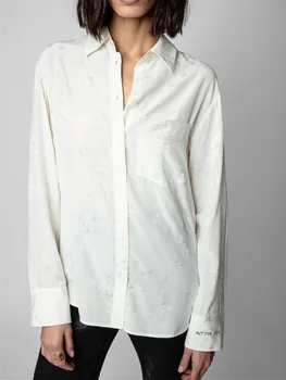 Дамска риза от жаккардового коприна със звездите, началото на есента, маншет с буквенной бродерия, лейси покритие, джоб, блуза свободно, намаляване, дамски блузи