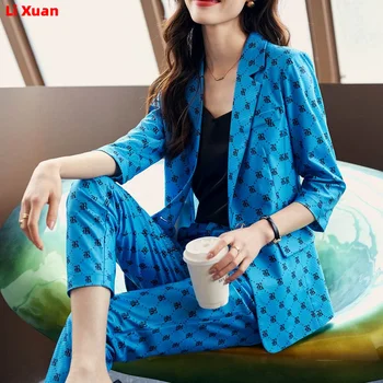 Висококачествен корейски пролетен костюм, однобортный оборудвана всекидневни женски офис блейзър с принтом, якета, спортни панталони, комплект от 2 теми