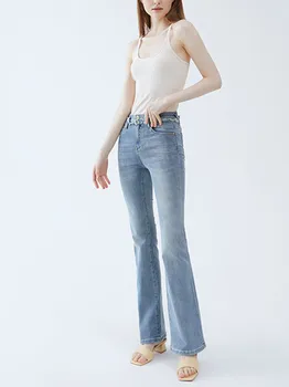 Дънкови панталони с висока талия и джобове с цип, прости 2023, пролет-лято разкроена панталони
