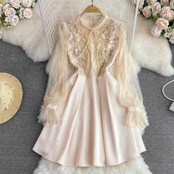2023 Ново висококачествено секси рокля с диаманти, красива вечерна рокля с цип дълъг ръкав, женски винтажное сетчатое рокля midi